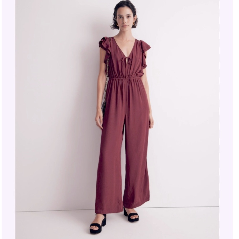 Madewell Wine Red Flutter-Sleeve Jumpsuit